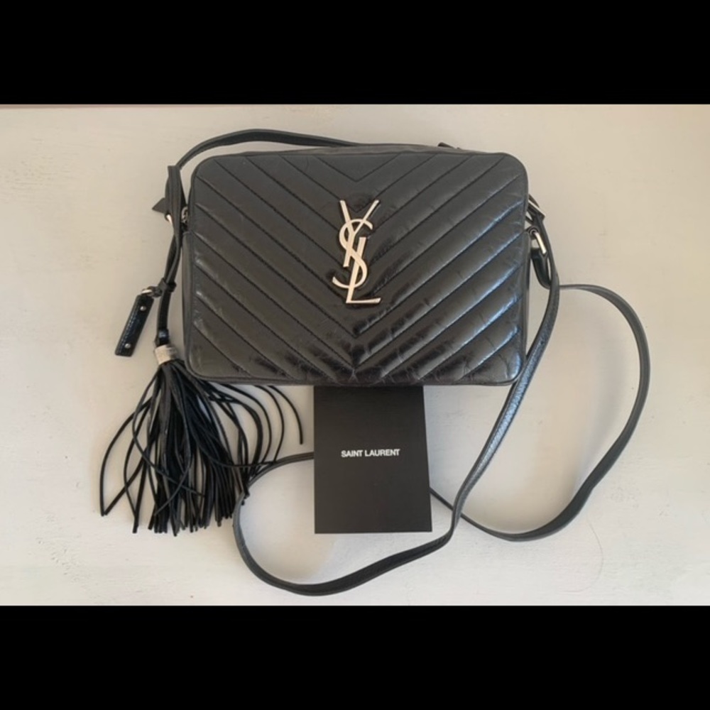 YSL LOU Leather Camera Bag, black w. silvertone